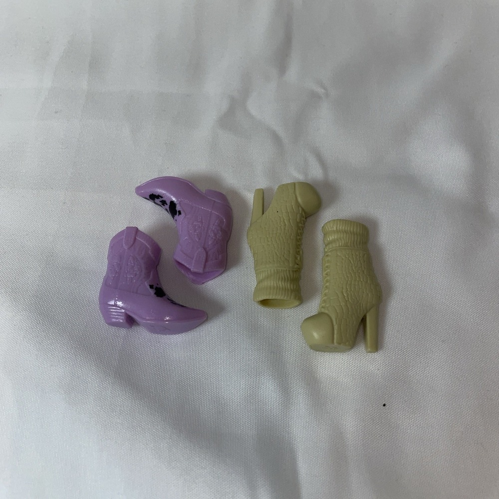 Doll Shoes Lot Purple Cow Print Cowboy Boots & Tan Platform Stiletto Heels - Picture 2 of 2